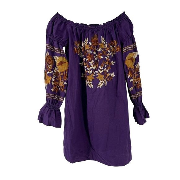 Free People Fleur De Jour Mini Dress Purple Off Shoulder Floral Embroidered XS - Picture 1 of 8